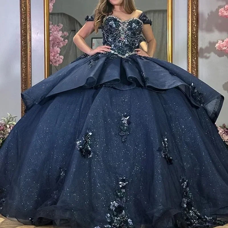 Navy Blue Shiny Quinceanera Dresses Applique Flower Beads Tull Ruffles Corset Sweet 16 Birthday Dress Vestidos De XV Anos