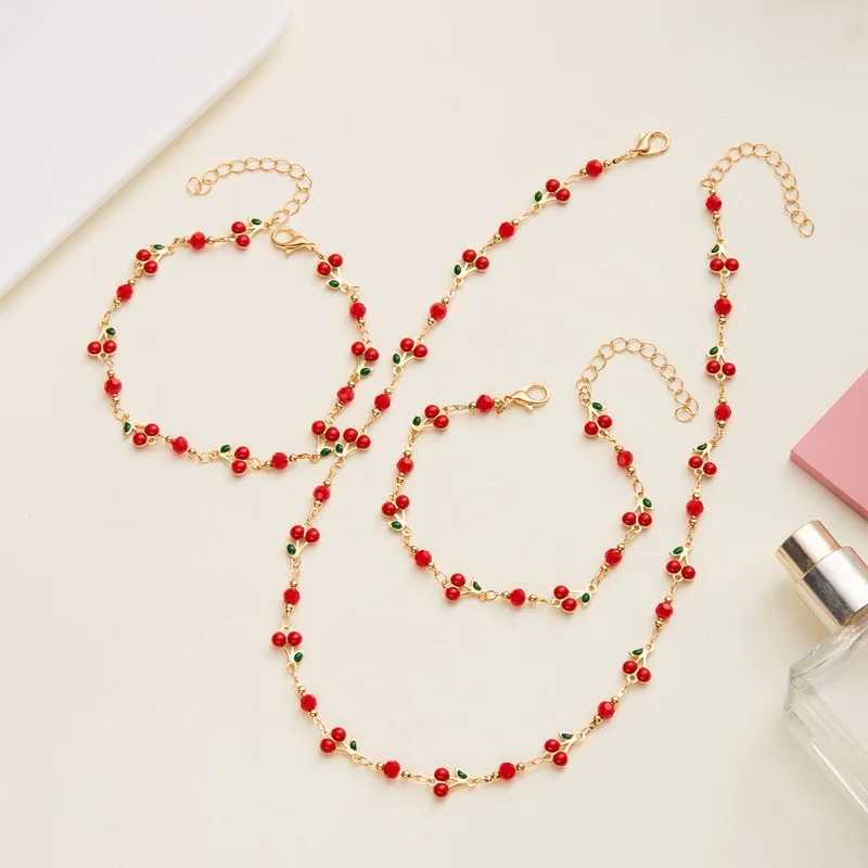 Trendy Red ry Pendant Bracelet Set for Women Exquisite Zircon Bracelet Anklet Necklace Wedding Jewelry Girl Party Gift X250625