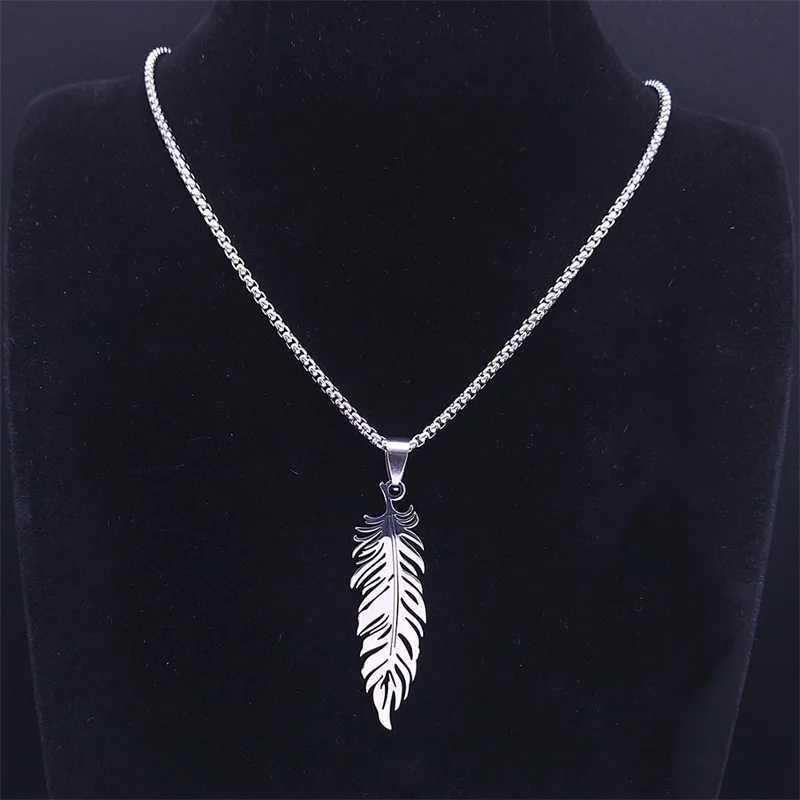 Boho Feather Pendant Male Necklace for Women Men StainlESS Steel Silver Color Chain Jewelry Gift collar hombre N3393S01 V250625