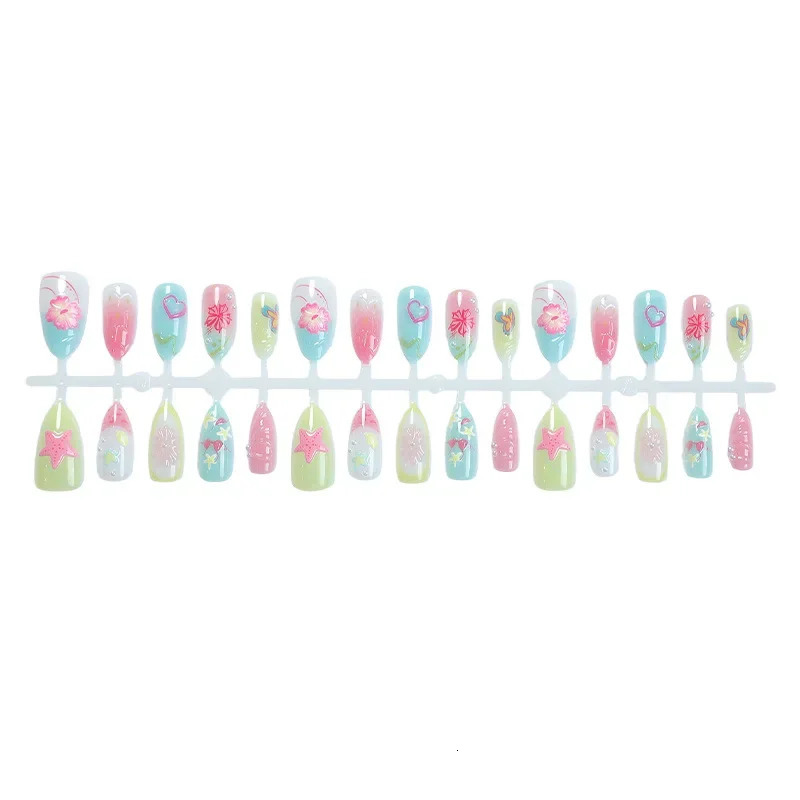 30Pcs Almond False Nails Tips Summer Beach Colorful Nails Sets with Pearl Flower Press on Nails Art Wearable Fake Nail 250625