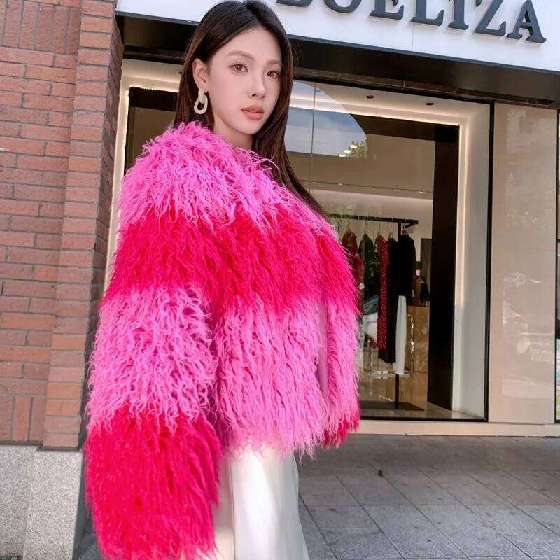 Faux Fur Coats Women Lamb Wool Short Coat Thick Warm Y2k Streetwear Elegant Pink Jackets Open Jacket