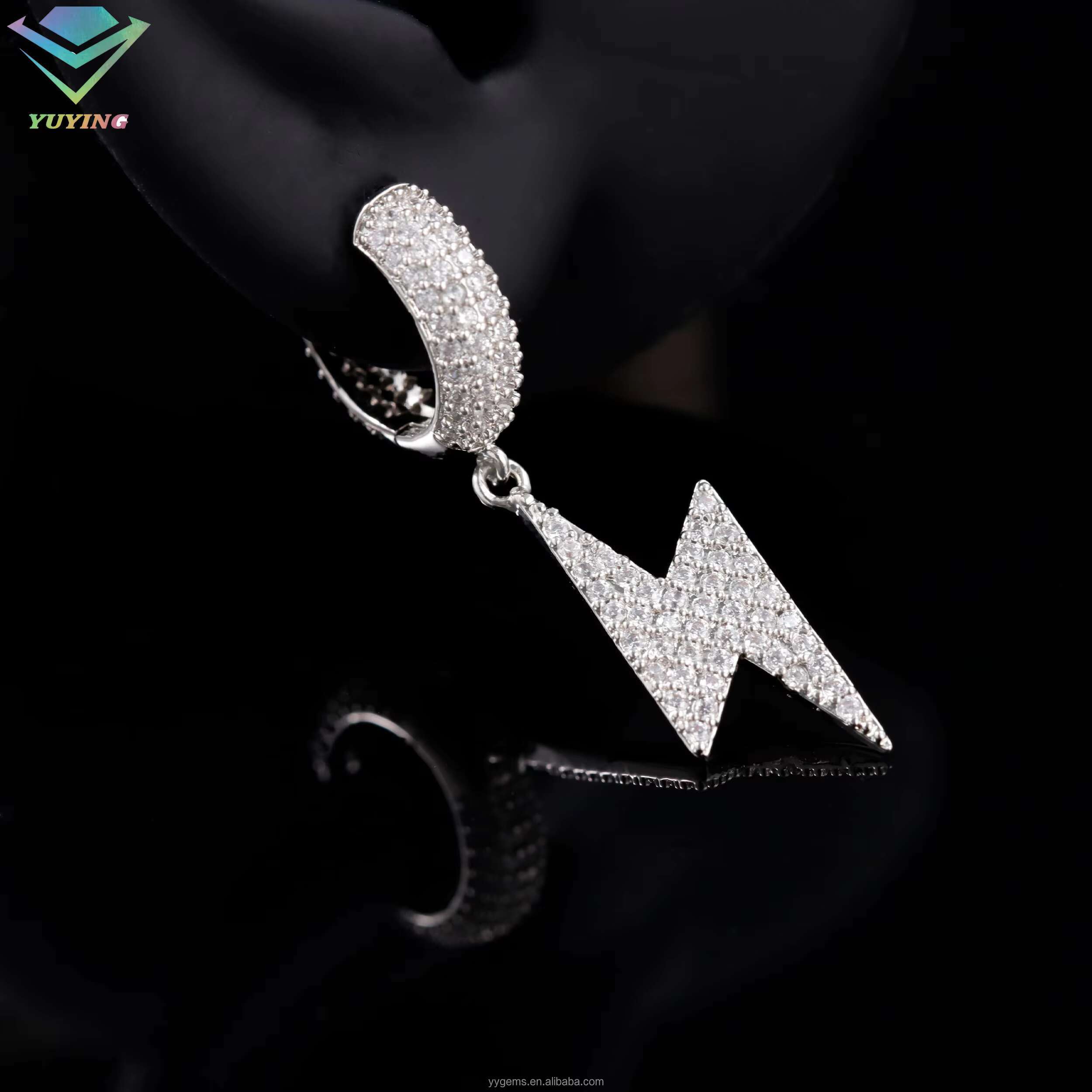 New Arrivals lightning Ice Out Moissanite S925 Silver White Gold Plated Hip Hop Fashion Jewelry Hoop Earrings