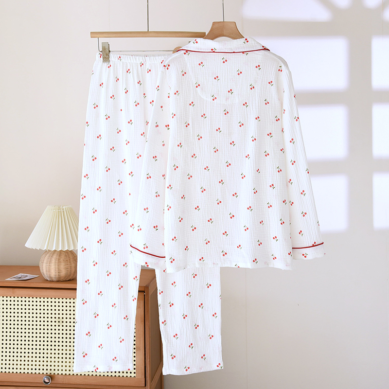 Factory direct sales of new spring and autumn styles of cherry bubble cotton pajamas for women, long sleeved pants, lapel cute home clothing sets