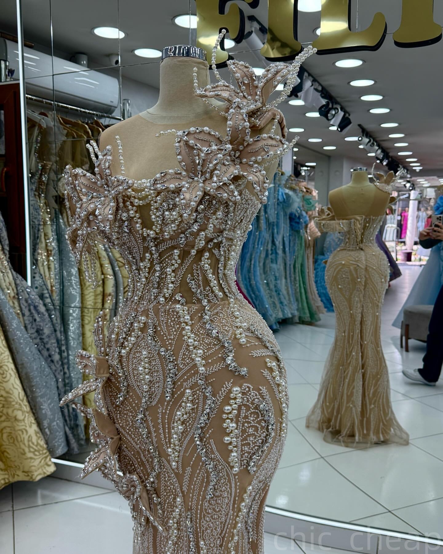 Champagne Mermaid Prom Dresses 2025 Illusion Crystals Pearls Flowers Evening Formal Party Second Birthday Engagement Gowns Plus Size Dress For Special