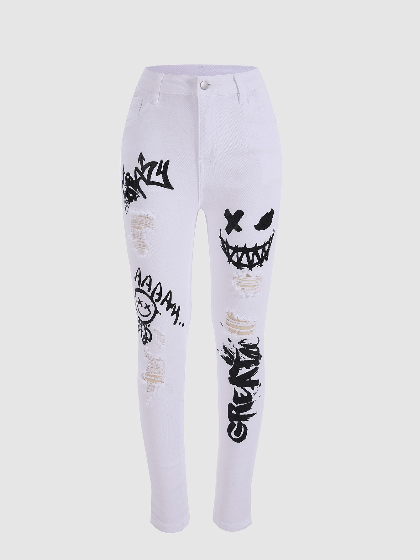 Children's White Denim Tight Pants with Black Devil Face Pattern for Halloween