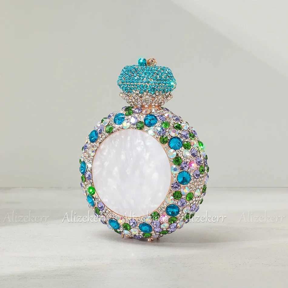Alizekerr Perfume Bottle Shaped Crystal Evening Bags Women Gorgeous Classy Rhinestone Round Metal Clutch Purses Wedding Party M250625