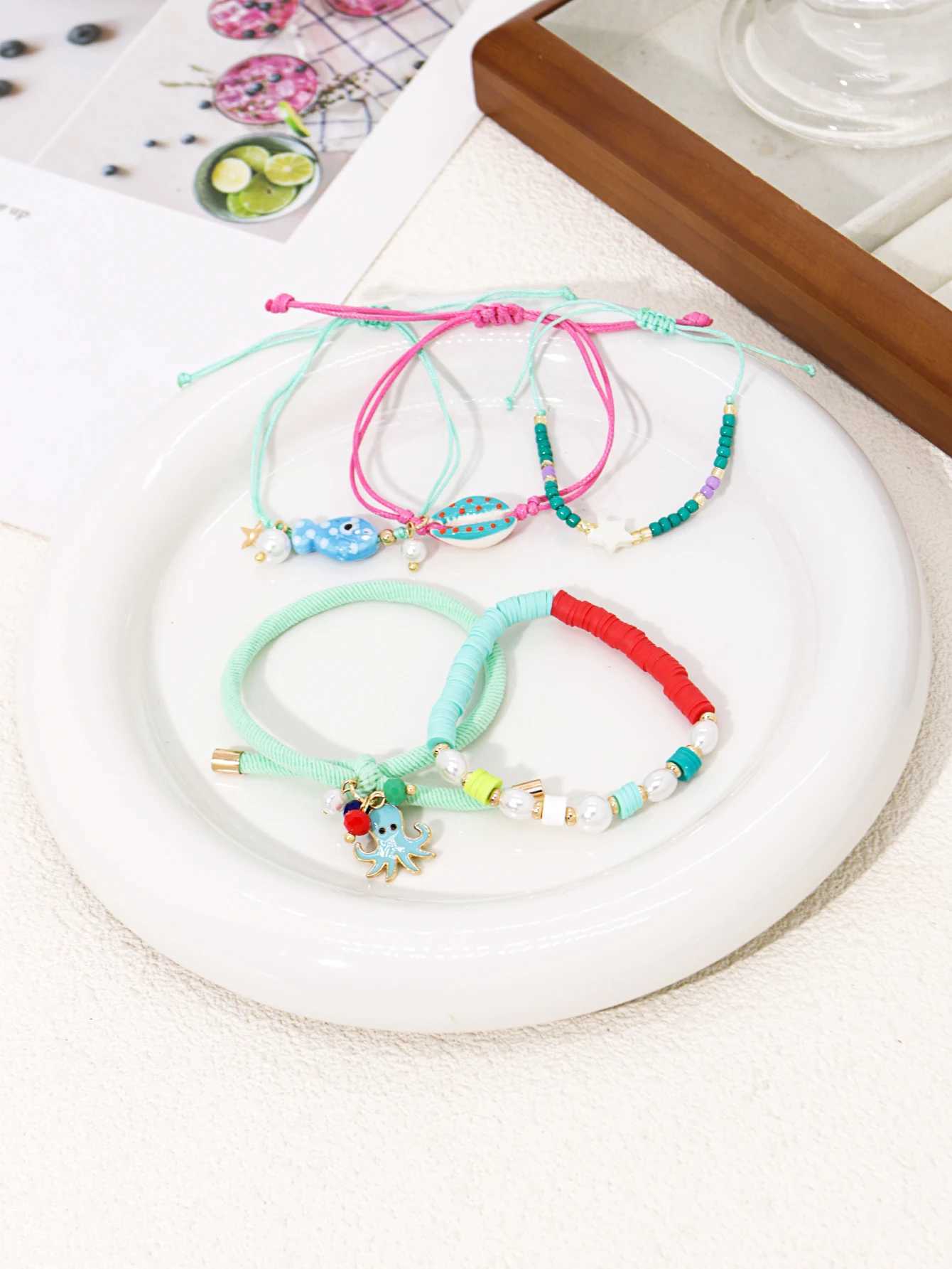 Cute Cartoon Fish Octopus Shell Pendant Hand Woven Beads Wens Bracelet Set Party Jewelry X250625