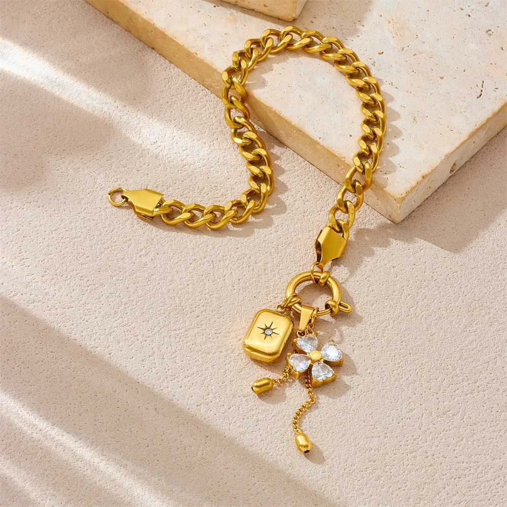 LAMENGLY 316L Stainless Steel Zircon Inlay Flower Cuboid Tassels Pendant Bracelet For Women Creative Novel Hand Chain Party Gift X250625