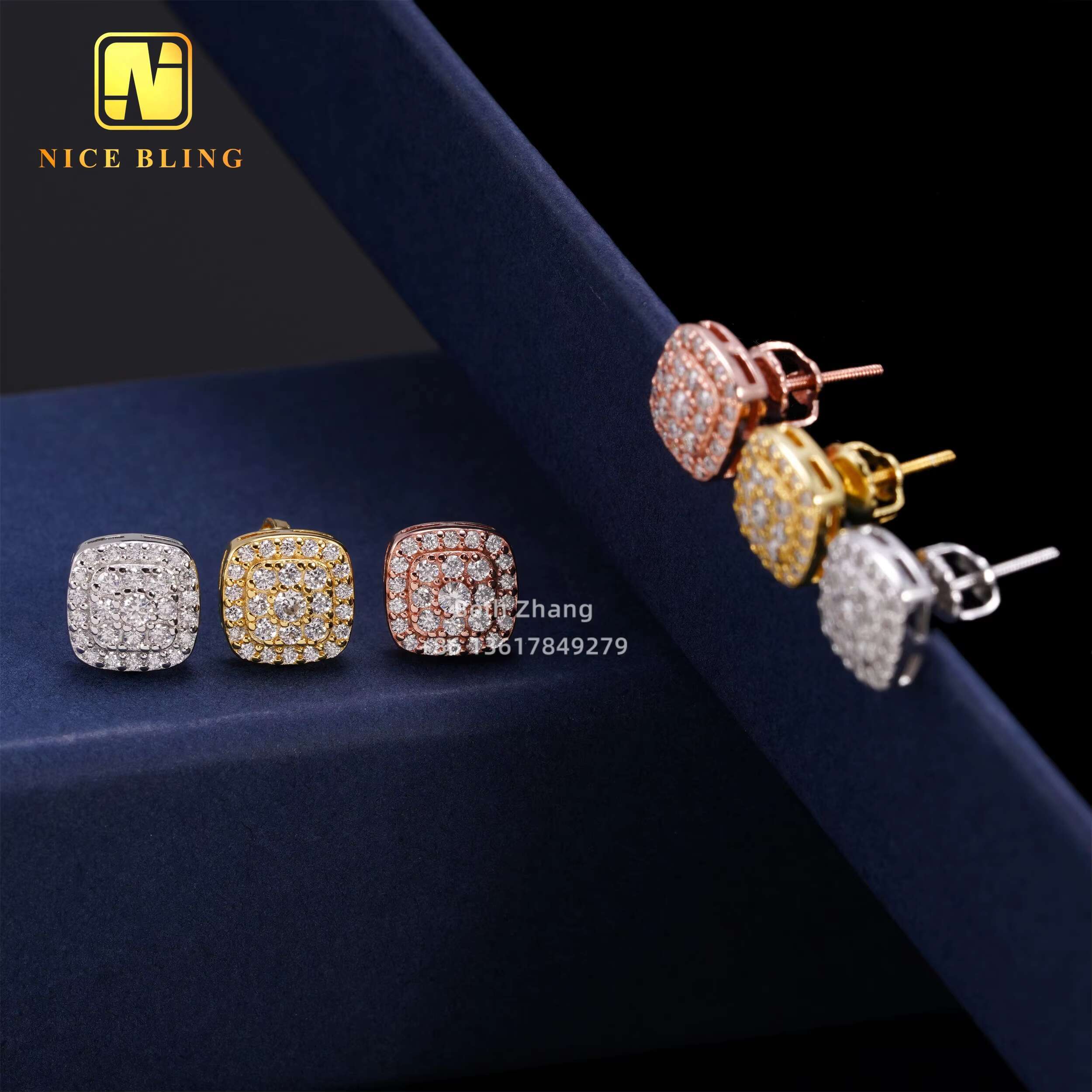 Cluster Earrings Square Shape Ear Studs 925 Sterling Silver Jewelry Hip Hop Men Women VVS Moissanite Diamond Ear Studs