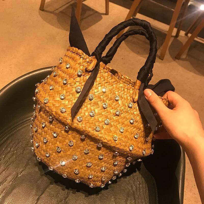 Handmade Sewing Holiday Fashion Crystal Woven Basket Dia Tote Beach Resort Retro Handbag Bag Women Design Straw