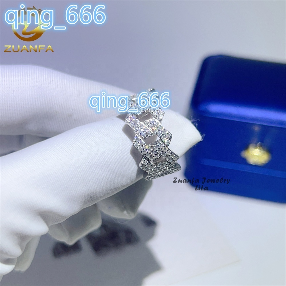 Wholesale Factory Price Moissanite Jewelry 925 Silver Iced Out 2 Row Diamond Cuban Rings Hip Hop Moissanite Ring