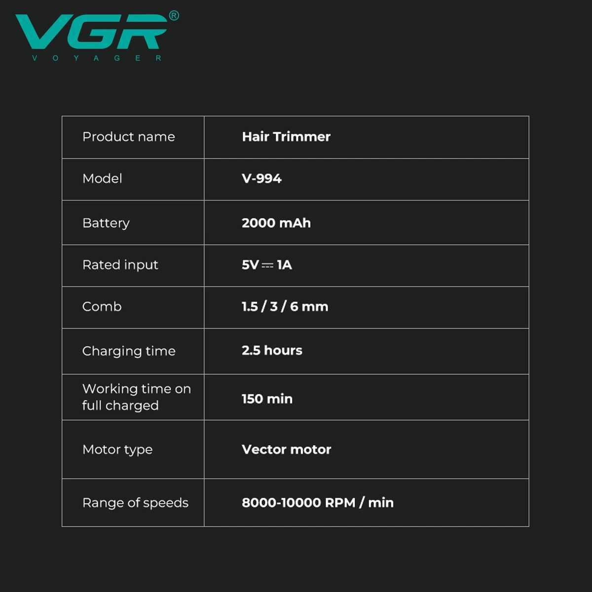 VGR Hair Trimmer 9000 RPM Hair Clipper Professional Barber Clippers Cordless Hair Cutting Machine Metal Hair Trimmer for Men V-994 W250625