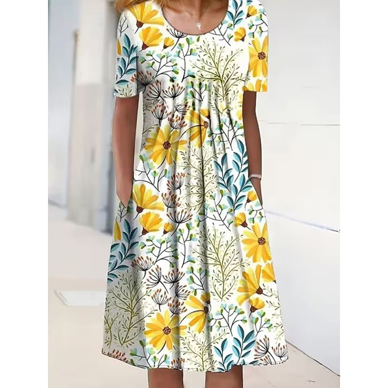 D625Spring and Summer Floral Print Round Neck Pocket Midi Dress Women's