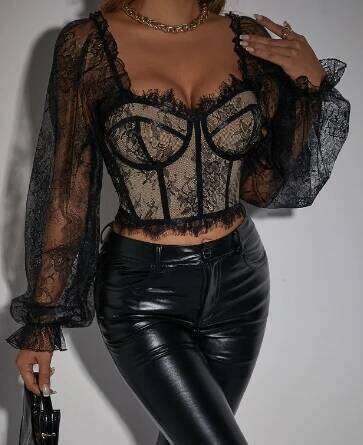 Chic Lace Flare Long Sleeve Square Collar Backless Crop Top Solid Slim Sexy Korean Fashion Summer Women Shirt