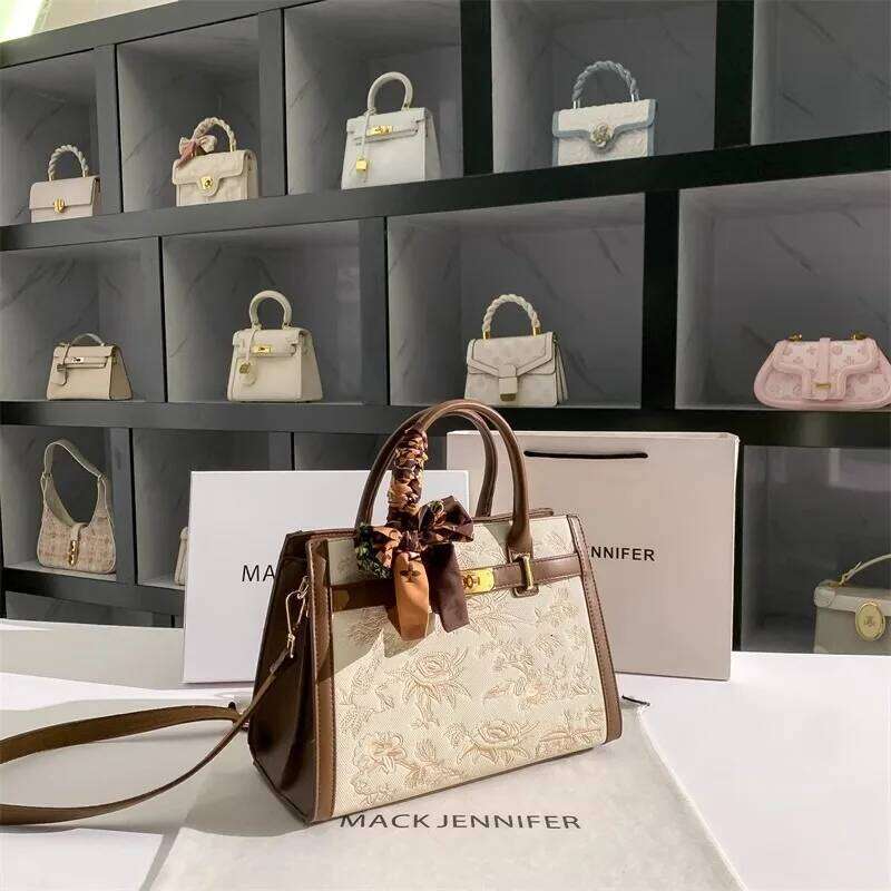 2025 Top Handle Shoulder Bag With Floral Embroidery Silk Scarf Decoration And High Quality Material Women Handbag