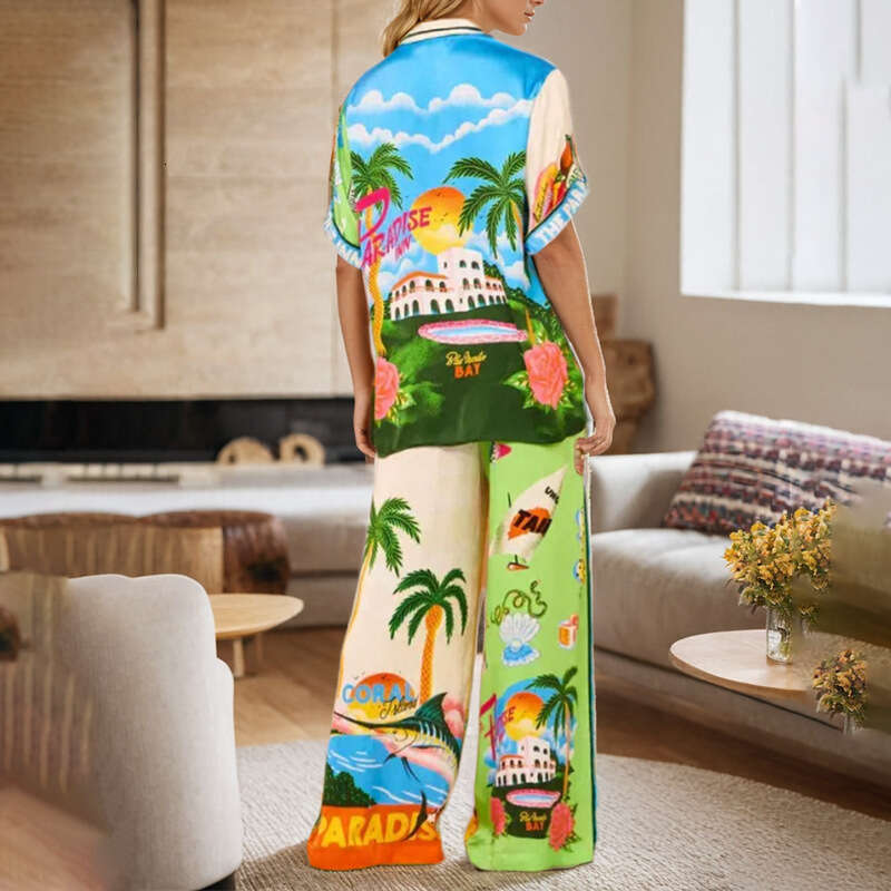 Spring New Women's Elegant Shirt And Pants Loose Print Fashion Set B5