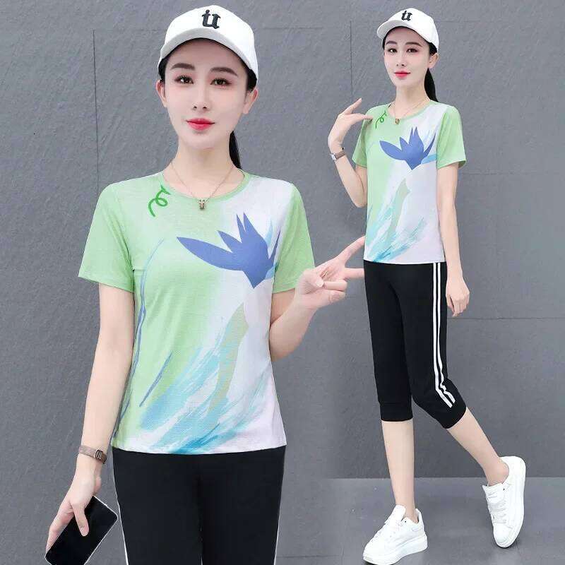 Quick Dry Ice Silk Running Shorts Women's Summer Sportswear Set Casual Short Sleeve Two Piece Suit Korean Style
