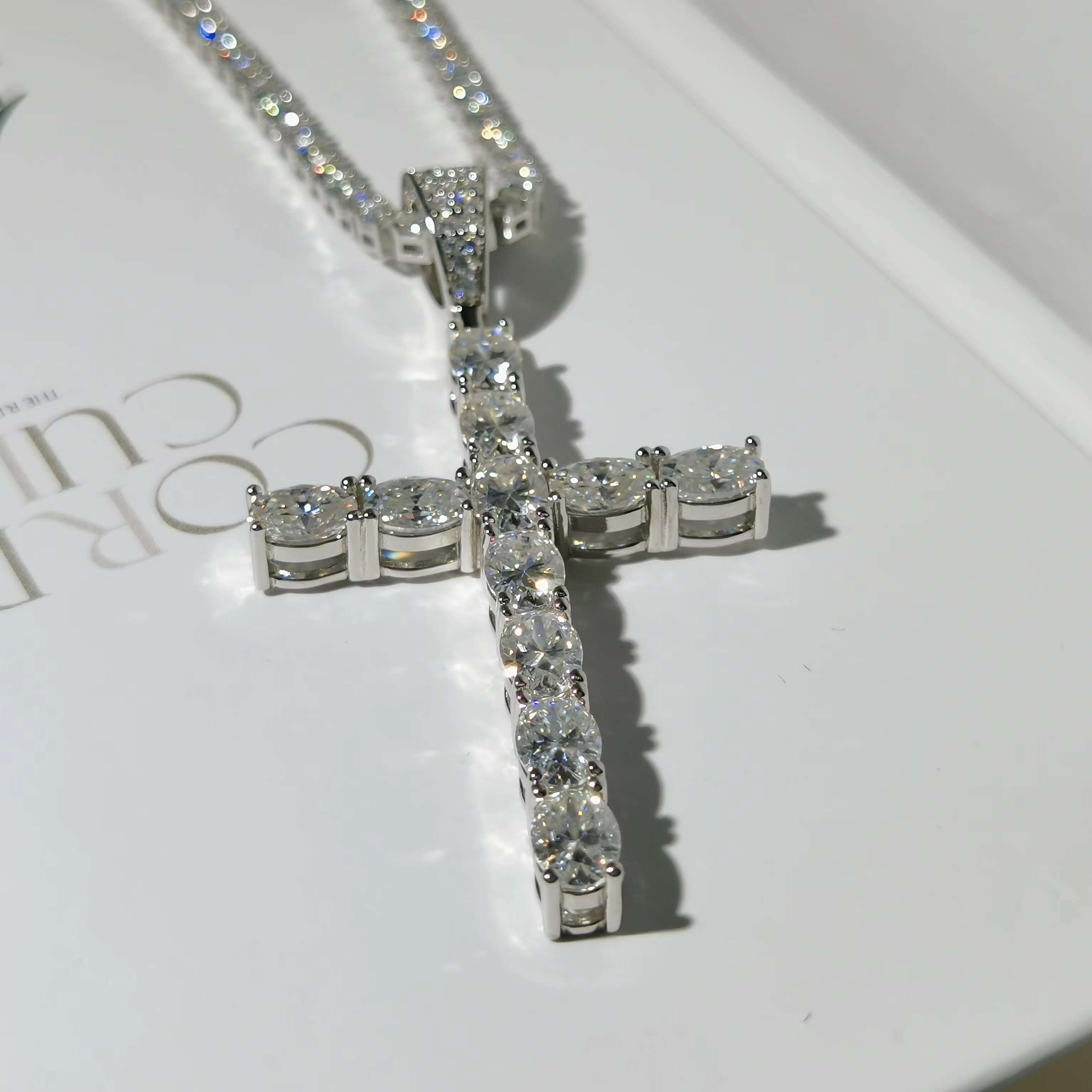 RD Cut 6.5mm*6.5mm D Color VVS Moissanite Cross Pendant 925 Sterling Silver Rhodium Plated Necklace Unisex for Women Men