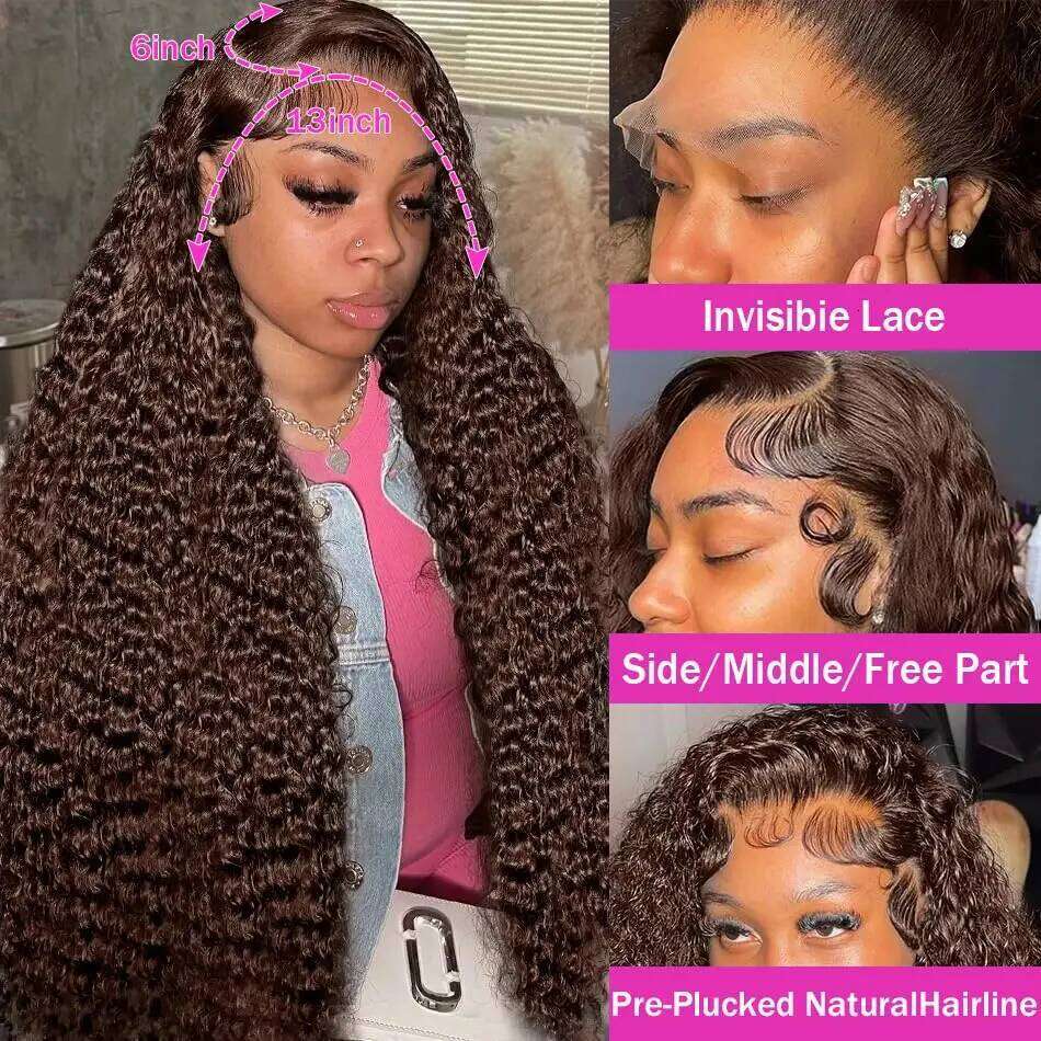 13X4 Chocolate Brown Curly Front Colored 100% Human Hair Wigs Pre Plucked Deep Wave 13X6 Hd Lace Frontal Brazilian Wig