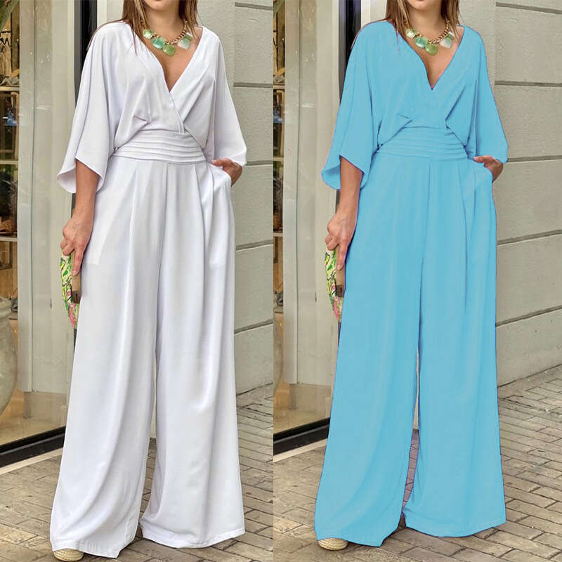 Plus Size Women's Ins Style Wide Leg Solid Color V-Neck Simple Fashion Jumpsuit B5