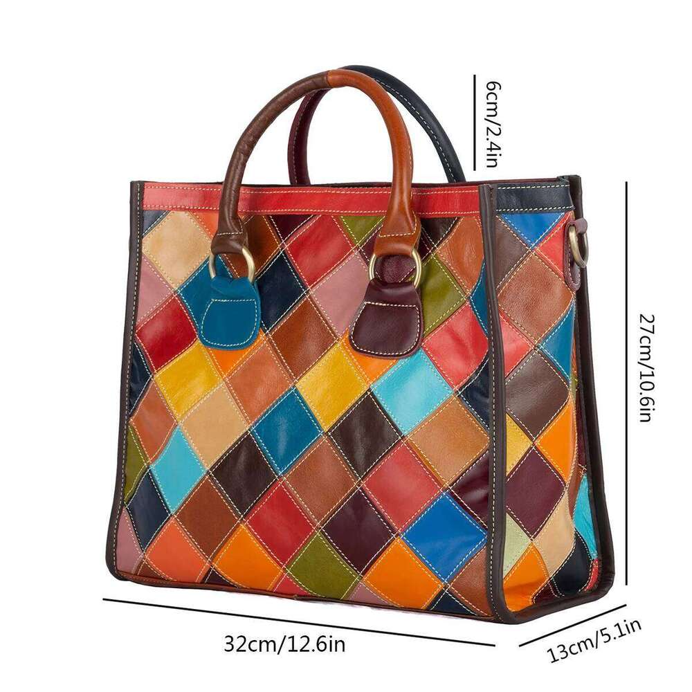 Genuine Oil Wax Leather Cowhide Plaid Splicing Color Random Contrasting Casual Personality Handbag Tote Women's Bag