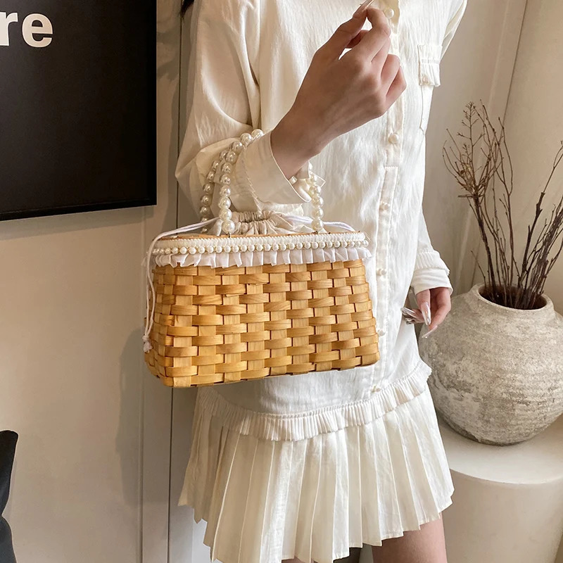 Vine Weaving Bag Summer Handmade Bag Retro Style Pearl Handheld Womens Bag Chain Diagonal Straddle Phone Bag 250623