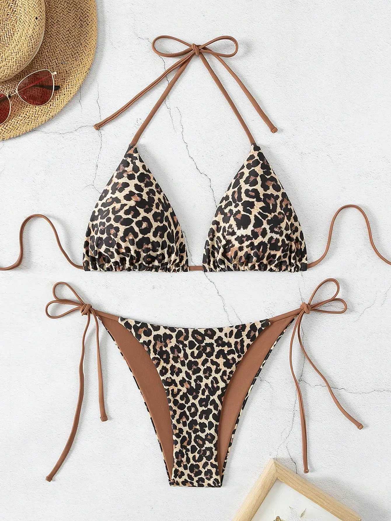 Summer leopard print sexy suspender bikini swimsuit set suitable for women XJ250624