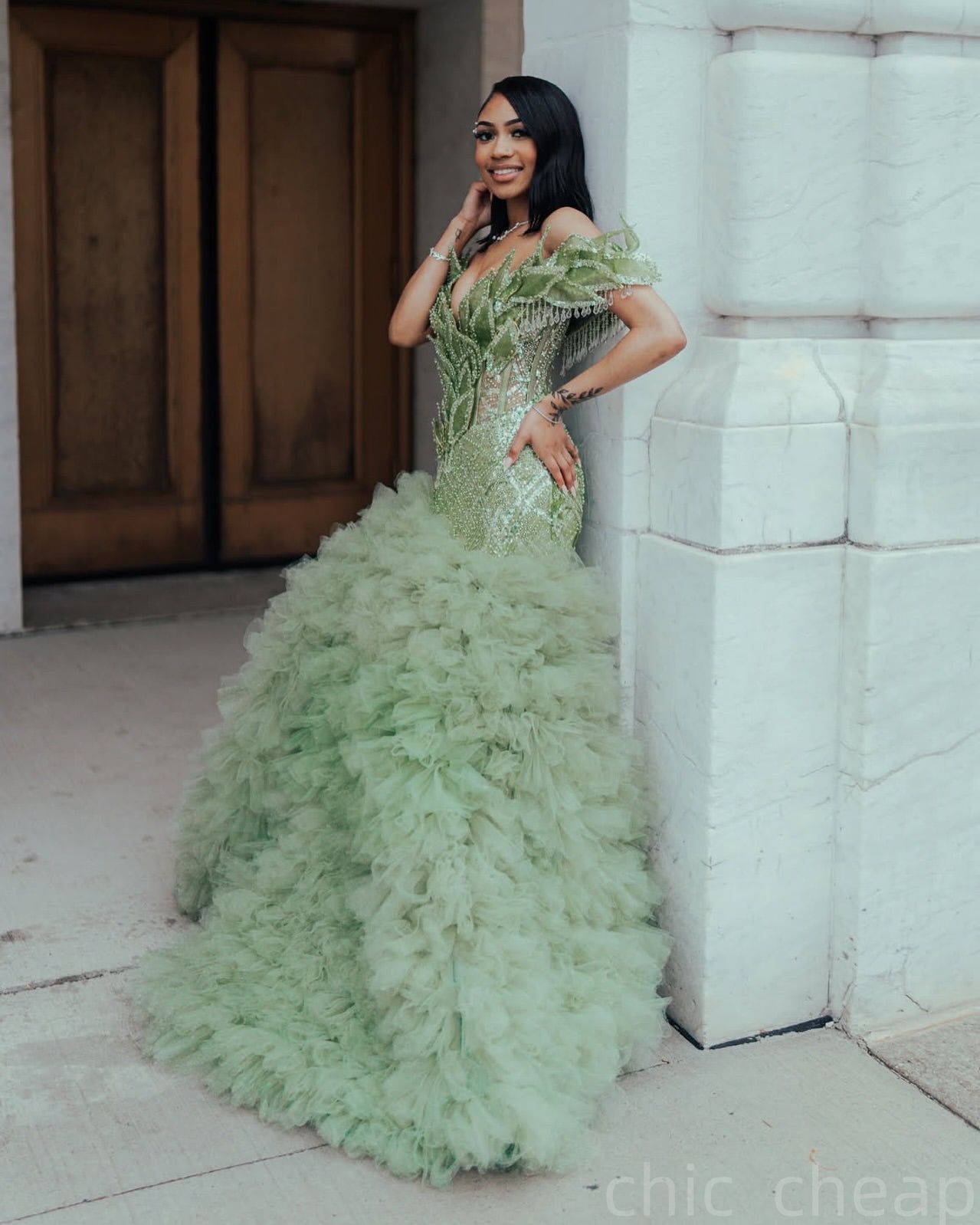 Sage Mermaid Prom Dresses 2025 Rhinestones Florals Tiers Tulle Evening Formal Party Second Birthday Engagement Gowns Plus Size Dress For Special Occas
