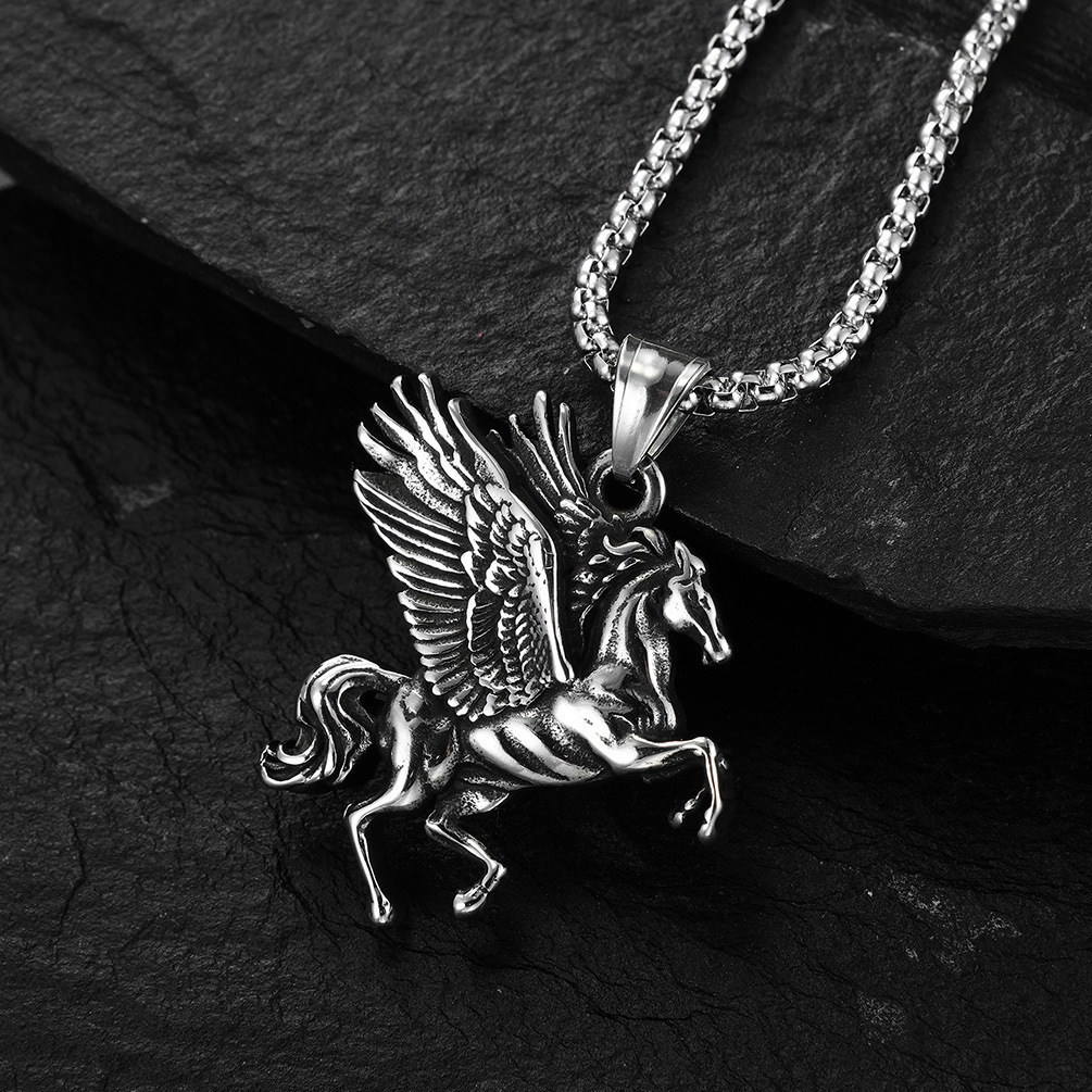 Pegasus Pendant Necklace Antiqued Titanium Steel Greek Mythology Jewelry