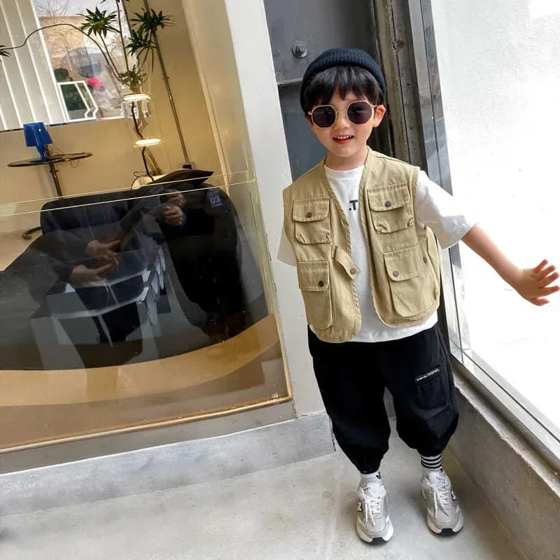 Spring Summer Boys Sleeveless Thin Jacket Coat Outdoor Cotton Vest Multi Pocket Tank Top Boys Outfit Children Clothes 250624