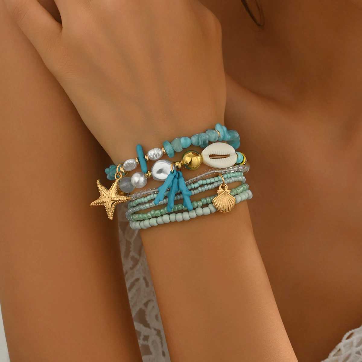 Bohen Style Handmade Beaded Wens Bracelet R Bead Starfish Bracelet Shell Coral Fashionable Ocean Bracelet 6 Pieces X250625