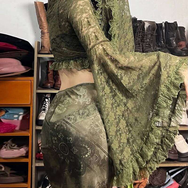 SUCHCUTE Green Y2K Mori Girl Flared Sleeve Cardigan For Women Tie-up Lace Cover-Ups Perspective Ruffes Cropped Shirts Coquette