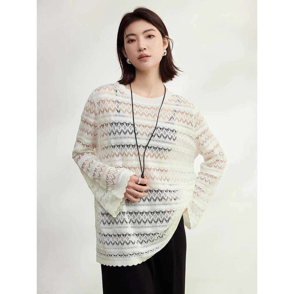 Beige Hollow Out Big Size Knitting Sweater Round Neck Long Sleeve Women Pullovers New Fashion 2025