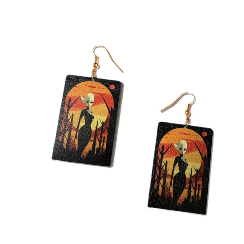 1 Pair Square Halloween Earrings for Women Alien Dark Style Sunset Celebration Double-Sided Print Funny