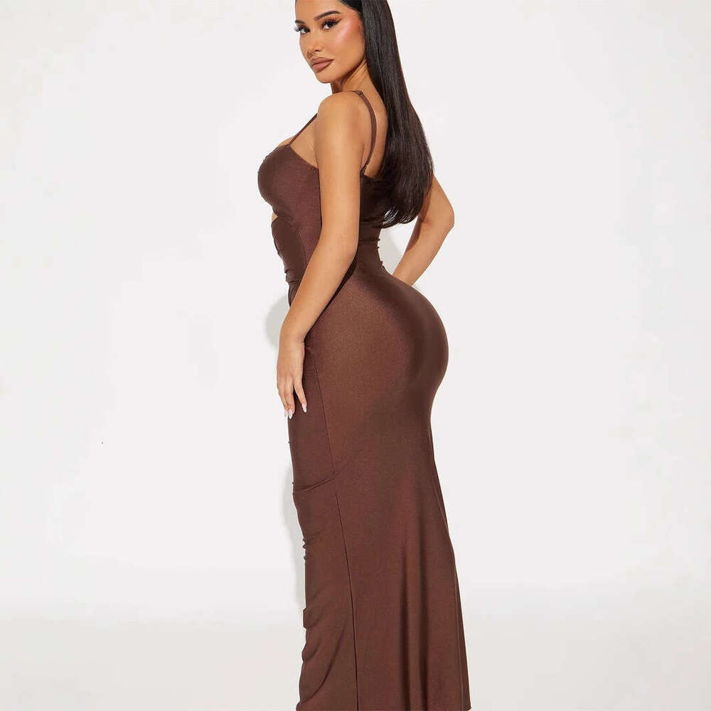 New Fashion Slim Sexy Solid Color Metal Design Hollow Out Strap Bodycon Long Dress For Women B5