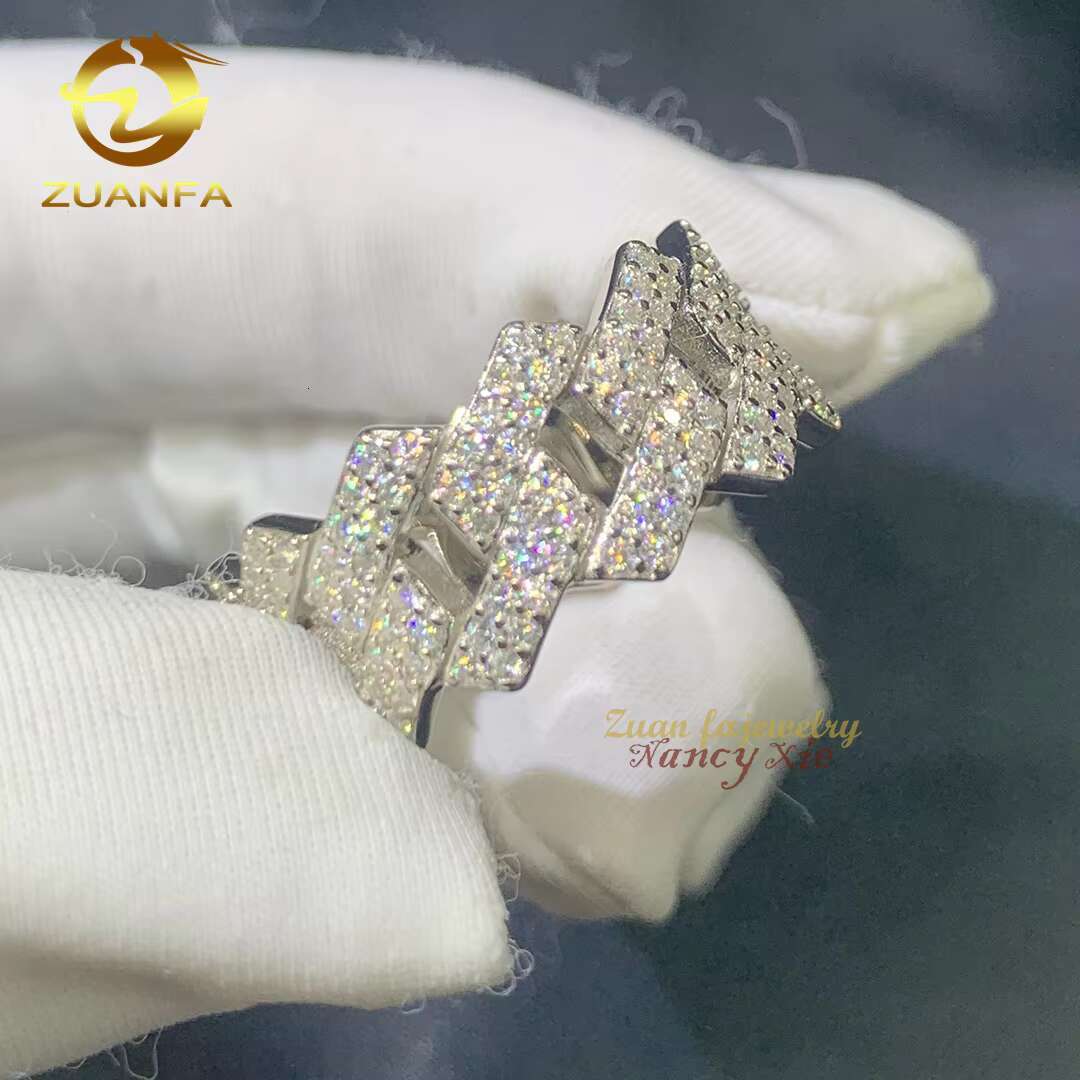 Top Sale Fine Hip Hop Iced Out Jewelry D Color 2 Rows Cuban Link Design VVS Moissanite Men Diamond Ring