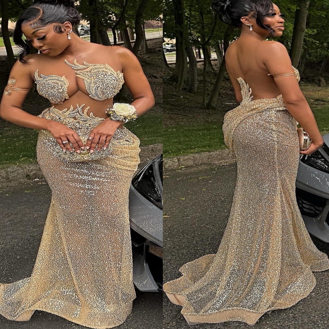 Gold Mermaid Prom Dresses 2025 Beaded Crystals Sequined Sparkly Evening Formal Party Second Birthday Engagement Gowns Plus Size Dress For Special Occa