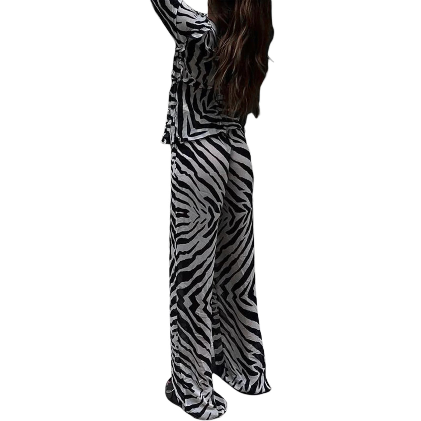 Women 2 Piece Y2k Casual Outfits Long Sleeve V Neck Print Top Shirts Bandage Drawstring Pants Party Clubwear 250616