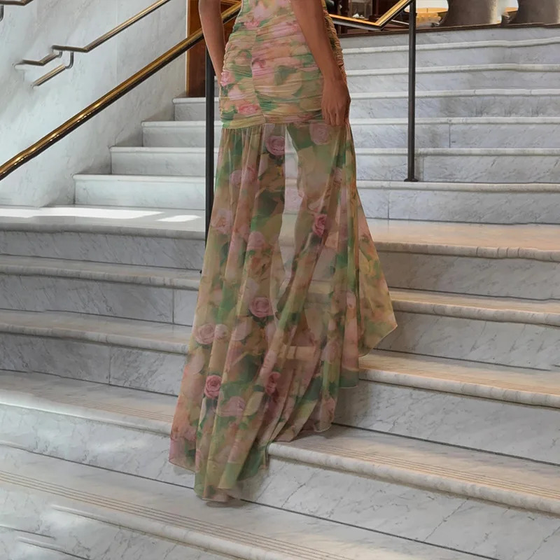 Cryptographic Elegant Floral Print Sheer Dress for Women Birthday Club Party Outfits Ruched Sexy Split Long Dresses Coquette 250616