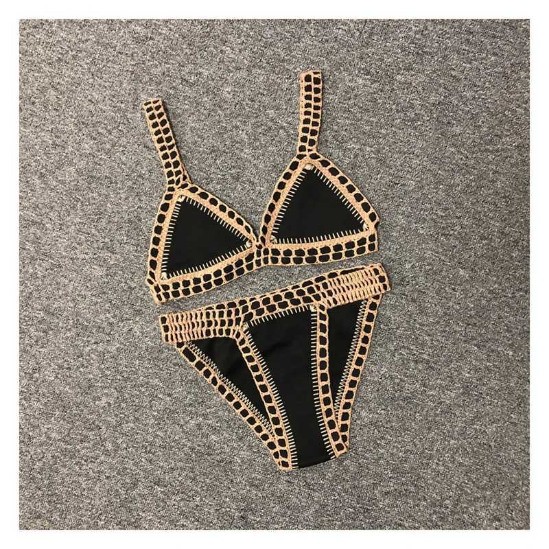 Women Sexy Black Swimwear with Elastic Swimsuit Handmade Crochet Navy Blue Bikini Sets XJ250624