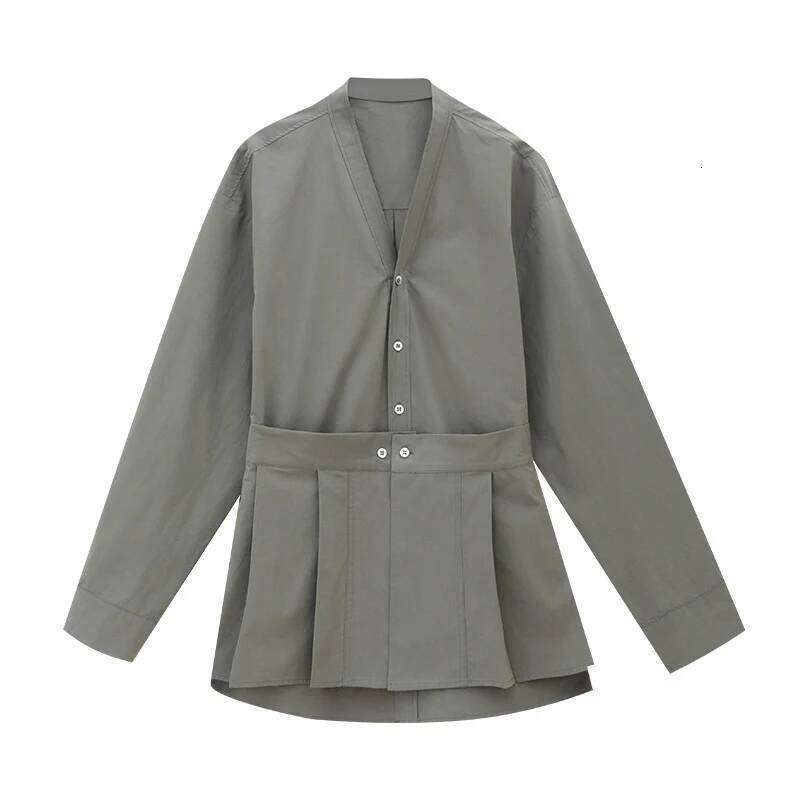 DEAT Fashion Removable Waist Seal Shirt Women's Lapel Loose Single Braested Long Sleeve Gray Blouse New Tide 7Ab8174