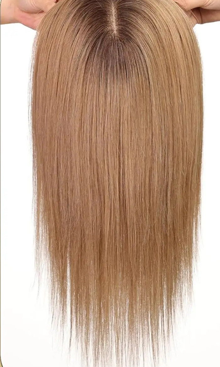 16 inch Hair Toppers for Women 8x8inch Large Base Hair Pieces Ash Brown Ombre Human Hair Toppers with Multiple Non-slip Clips