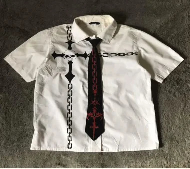 Y2K American street gothic cherry blossom pattern print retro casual fashion T-shirt womens simple lapel T-shirt Polo shirt 250625