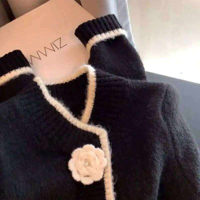 Pull Femme Tops Vintage Black Knitted Cardigan Flower Sweater Women Y2k Autumn Winter Feminino Jacket Slim Knit