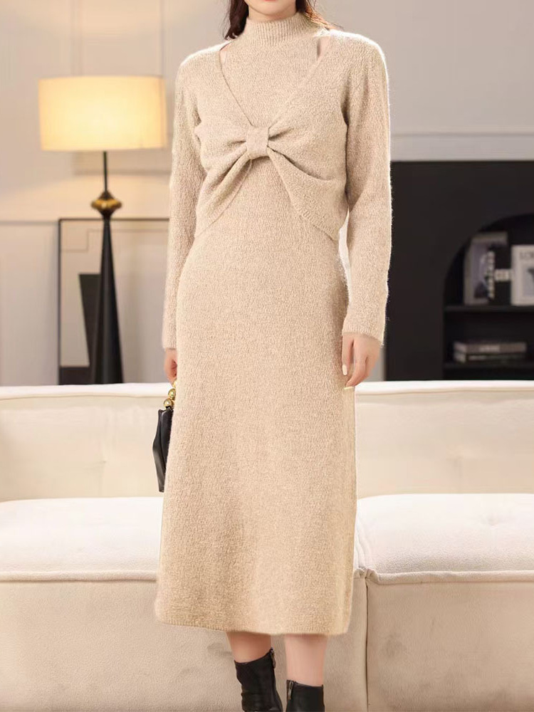 T625New Half Turtleneck Bowknot Bottom Vest Dress Knitwear Two-piece Set