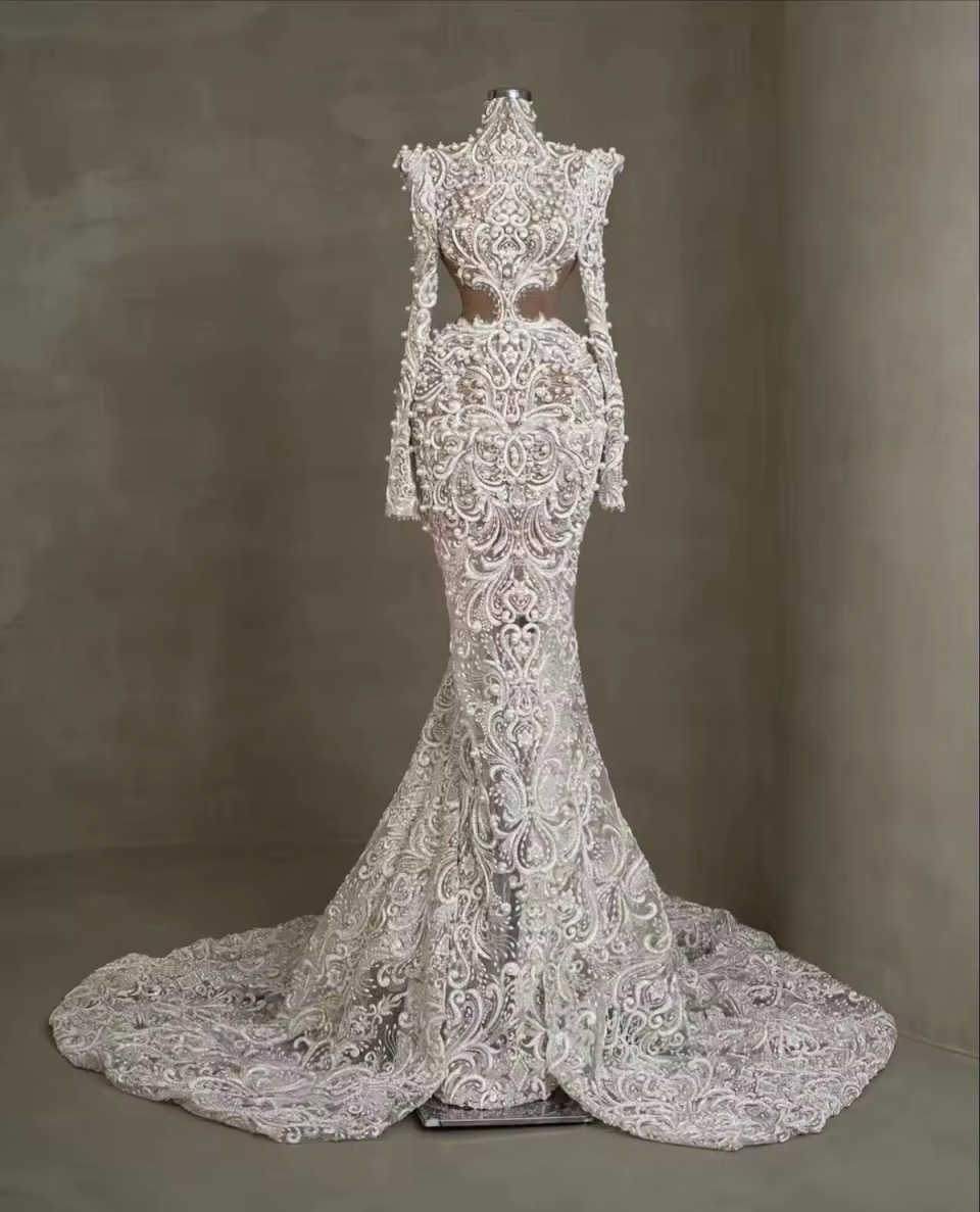 Luxurious Lace Mermaid Wedding Dresses High Neck Long Sleeve Pearls Beads Bridal Gowns Sequins Customized Bride Dress