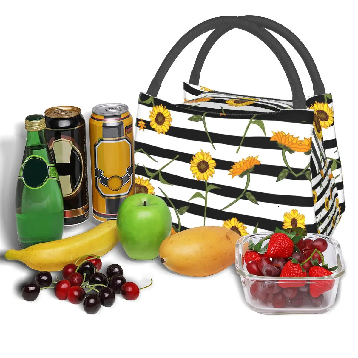 Abstract Sunflower Lunch Bag Striped Retro Lunch Box For Unisex Office Portable Insulated Cooler Bag Thermal Lunch Bags 250624