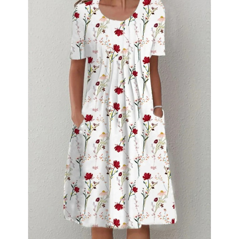 D625Spring and Summer Floral Print Round Neck Pocket Midi Dress Women's
