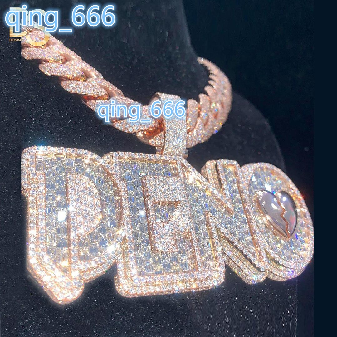 Baguette Moissanite Custom Letter Pendant 925 Sterling Silver Bling Iced Out Name Charm Chain Necklace