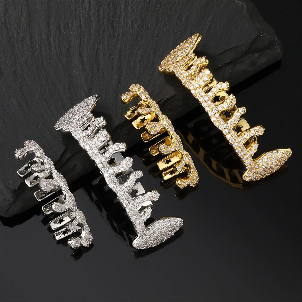 D Z Hip Pop Teeth Set Top Bottom Mouth Iced Out CZ Stones Tooth Caps Removable Dental Halloween Fashion Jewelry 250606